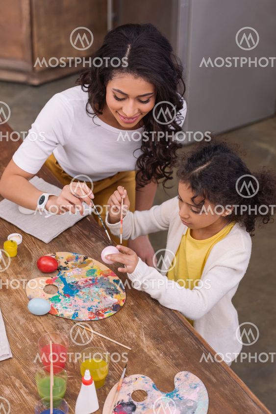 high angle view of african american mother and daughter...