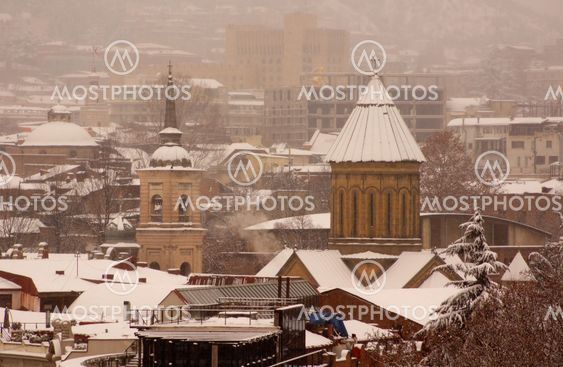 Winter view to covered with snow Tbilisi Old town in...