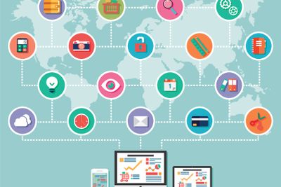 Flat design, infographic concept, connected electronic...