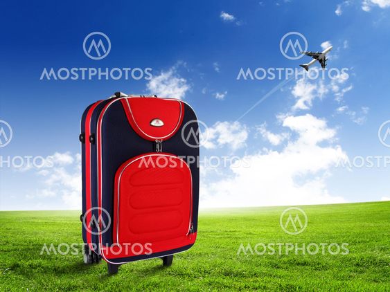 Red suitcase and plane