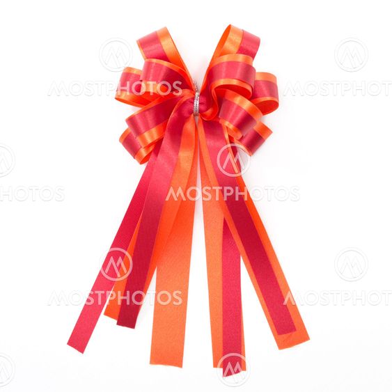 Two tone red orange Satin gift bow. ribbon isolated on white