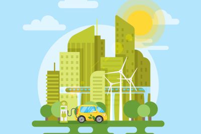 Vector flat style illustration of electric car in the city.