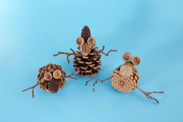 Creative figures from pine cones, acorns, and twigs....