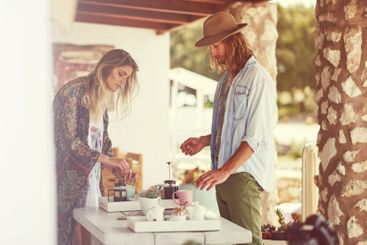 Outdoor, hotel and couple with holiday, coffee and...