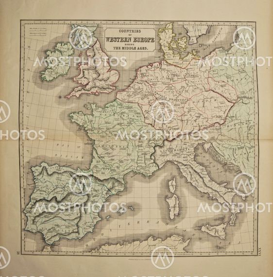 Western Europe. Ancient map of the world . Published by George Philip and son at London 1857 and are not subject to copyright.