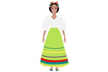 Woman Wearing Traditional Dress with Colorful Floral...