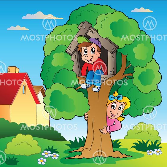Garden with two kids and tree