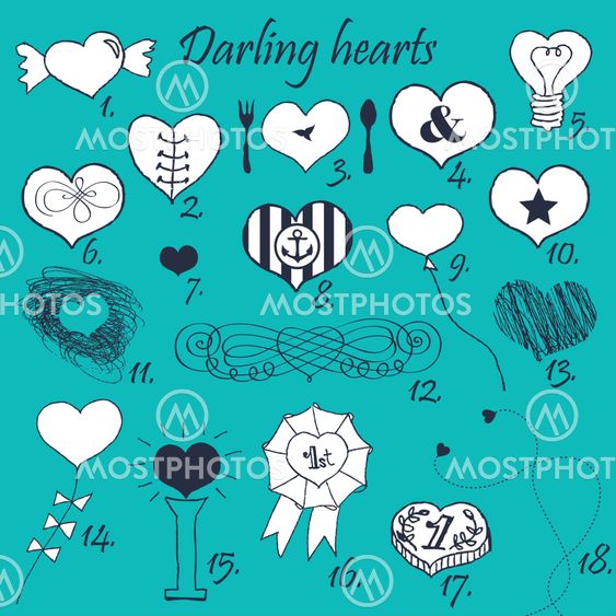 Set of stylized hand drawn hearts