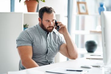 Phone call, office and business man on computer for...