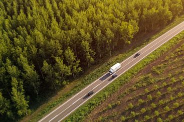Cars and truck on the road through forest landscape,...