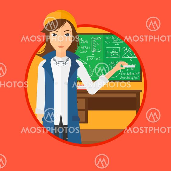 Teacher in front of blackboard with chalk in hand.