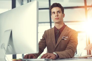 Thinking, computer and reflection with business man in...