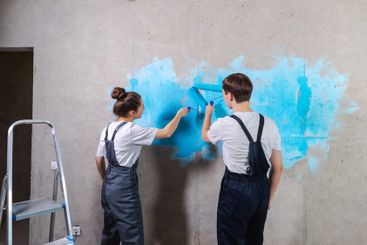 House decoration DIY renovation concept. Happy couple in...