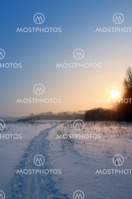 sunset landscape with ski track