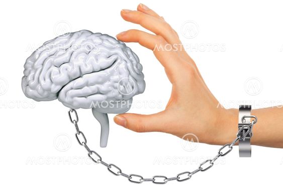 Chained hand holding human brain