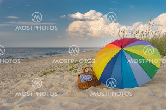 Umbrella and picnic basket against wild beach