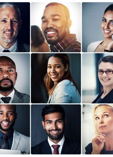 Collage, professional and portrait of business people in...