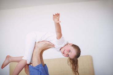 Parent, kid and airplane games in portrait, morning fun...