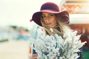 Travel, holiday and flowers with portrait of woman for...