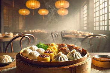Chinese Dim Sum Dish on Wooden Table with Ambient Lighting