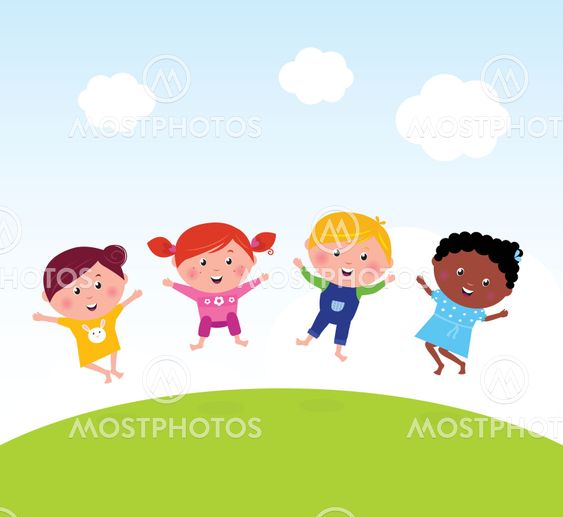 Happy group of multicultural kids jumping on summer meadow
