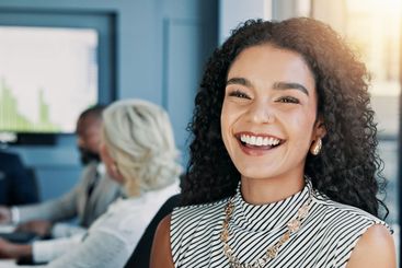 Happy, meeting and portrait of businesswoman in office...