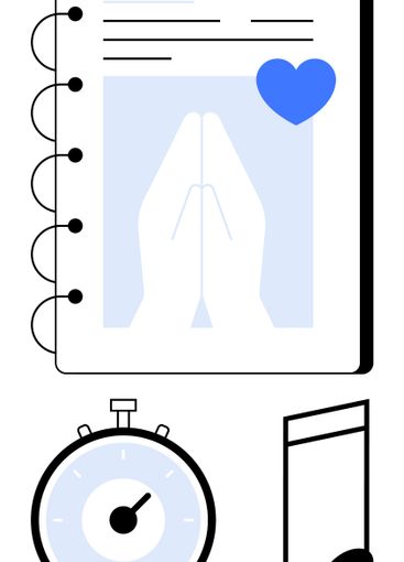 Notebook with Praying Hands, Stopwatch, and Music Note,...