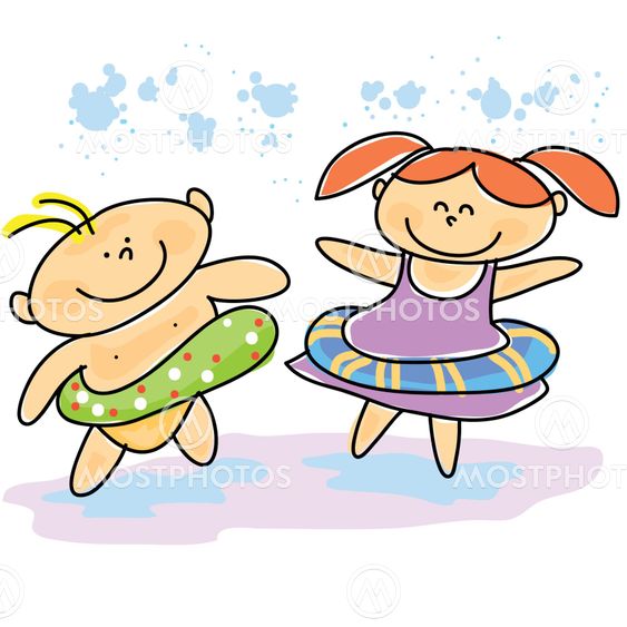 hand-drawn cartoon kids swimming