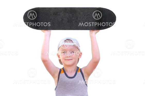 Boy Child with Skateboard raised up his Head as Winner isolated on white background