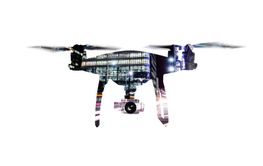 Double exposure. Hovering drone and city at night. Isolated.
