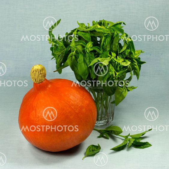 Still life of pumpkin, basil