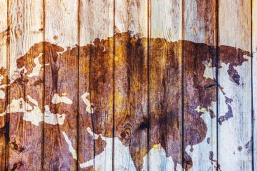 World map of Europe and Asia painted on old wooden planks