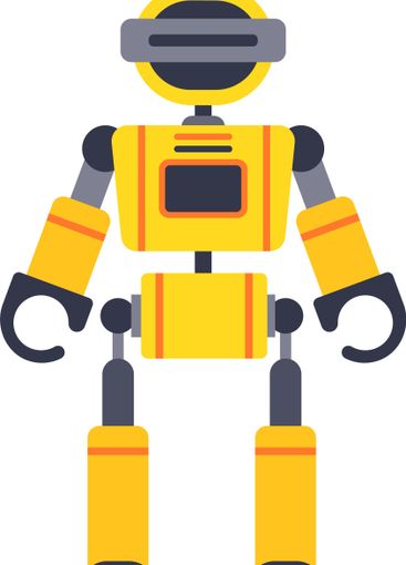 Yellow robot standing still with a visor on its head,...