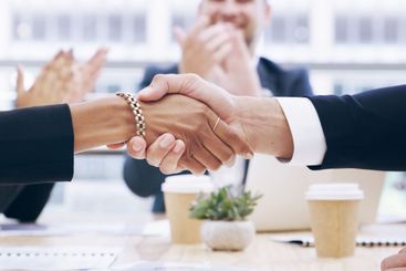 Closeup, handshake and business people in office,...