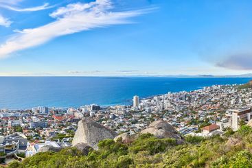 Above, beach and city with tourism, coastline and...
