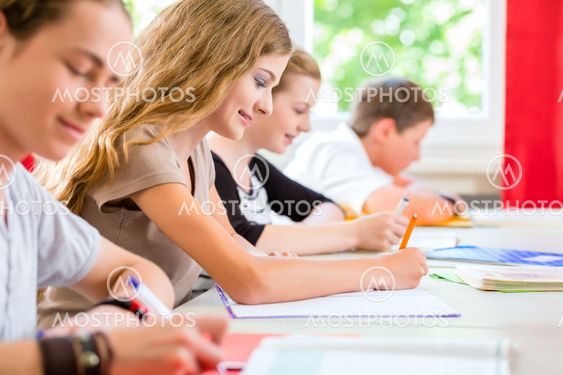 Students writing a test in school concentrating
