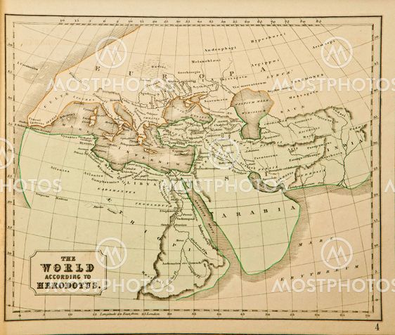 Ancient map of the world The world according to Herodotus. Published by George Philip and son at London 1857 and are not subject to copyright.