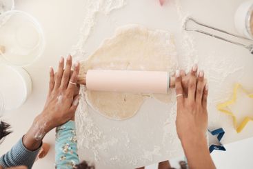 Baking, dough and hands of parents and child in kitchen...
