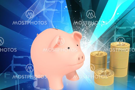 Piggy bank and gold coins