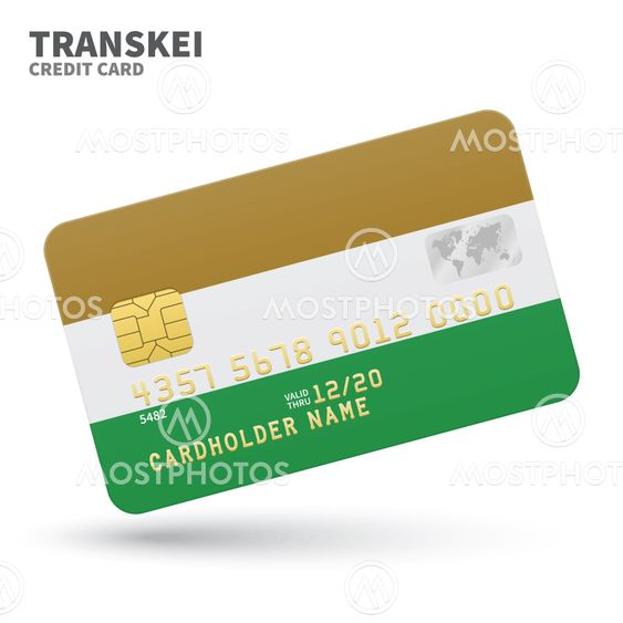 Credit card with Transkei flag background for bank, presentations and business. Isolated on white
