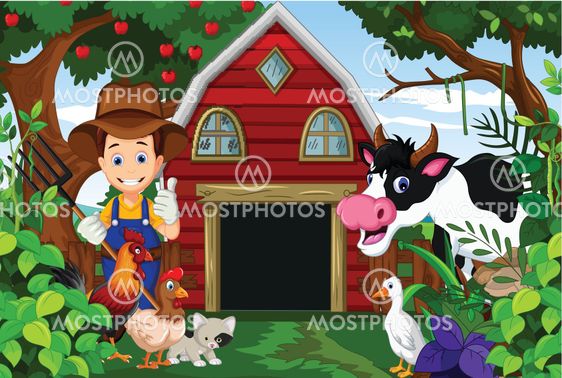 farmer at his farm with a bunch of farm animals