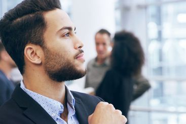 Thinking, idea and business man in office for planning,...