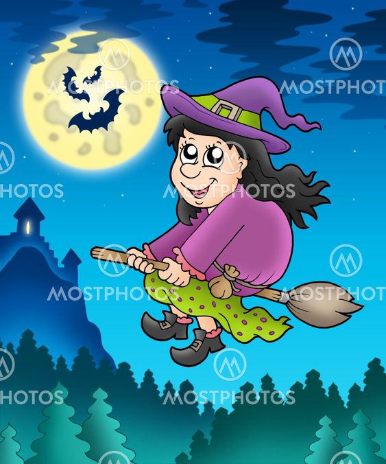 Cute witch on broom near castle