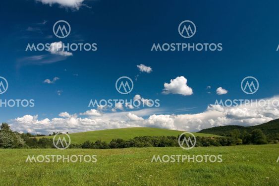 Summer cloudscape and green meadows