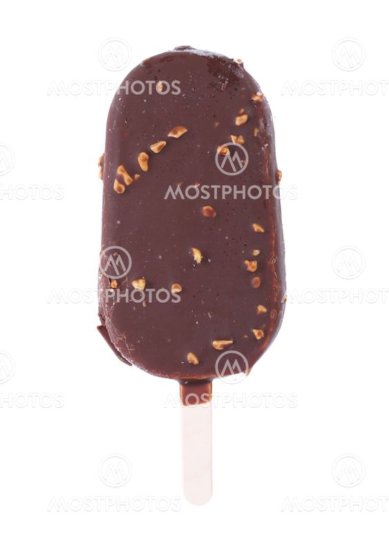 Chocolate-coated blocks of ice cream on stick.