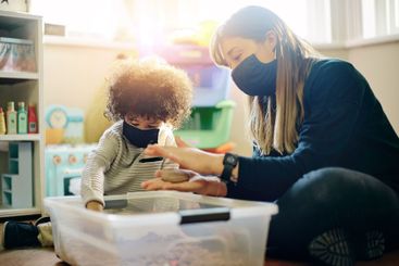 Covid, education or toys with a mother and son in a...