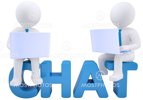 3d man sitting with a laptop on the word chat