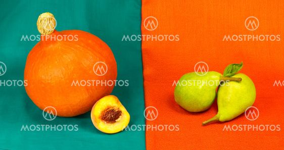 Still life of pumpkin and pears