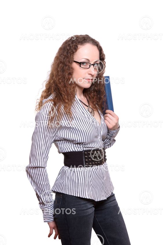 Woman reading old book isolated on white