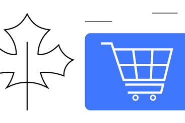 Shopping cart on blue rectangle next to a minimalistic...